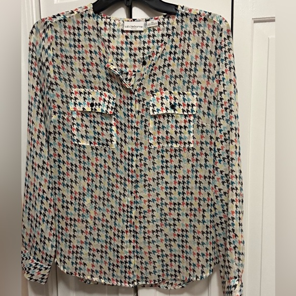Liz Claiborne colorful thin almost sheer blouse with geometric design. Petite M - Picture 1 of 4